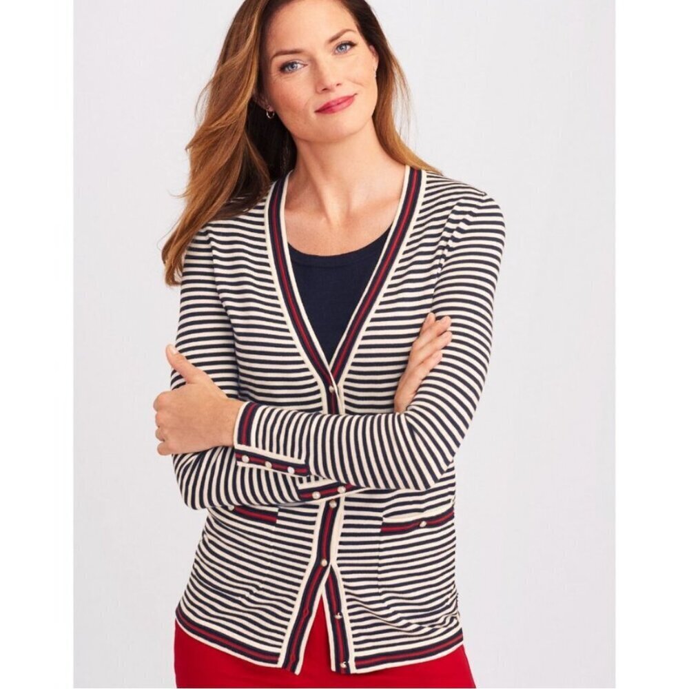 Talbots Oprah SZL Navy Stripe Cardigan Old Money Preppy Nautical Academia Old $